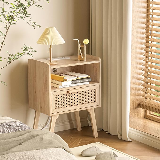 Lerliuo Rattan Nightstand with Charging Station, Boho Night Stand with Handmade Natural Rattan Drawer and Open Shelf, Cane Accent Side End Tables with Solid Wood Legs for Bedroom, Dorm, Small Spaces-Ruum Studio Home
