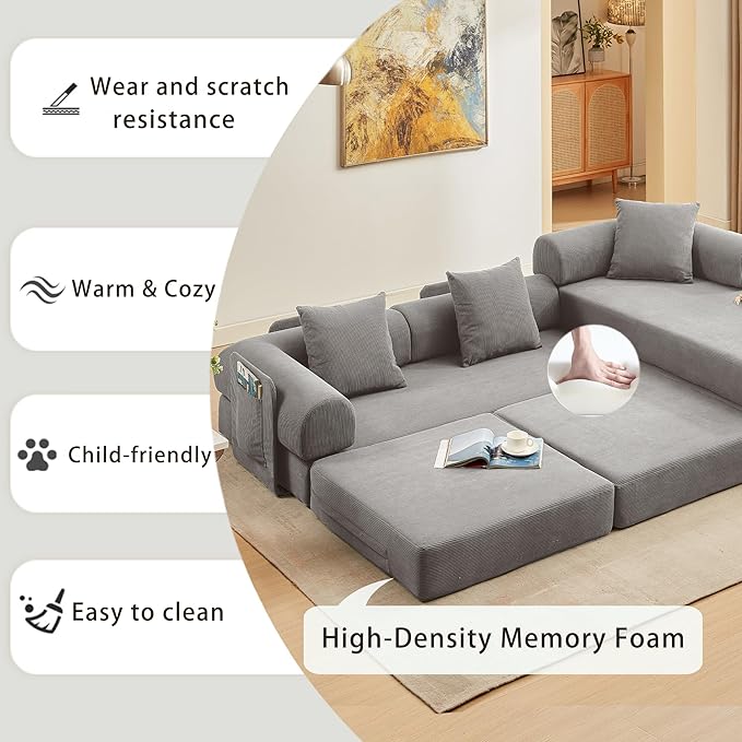 107" Oversized Convertible Sleeper Sofa Bed, Corduroy L Shape Sectional Couch, Folding Sofa Bed with Side Pocket, Modern Cloud Floor Mattress Couch, Modular Sofa for Living Room, Grey-Ruum Studio Home