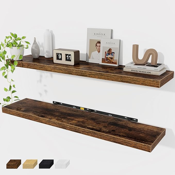 Floating Shelves Wall Shelf 48 Inch, 9.3 Inch Deep Floating Shelf, Farmhouse Black Wood Shelves Invisible Bracket for Living Room, Bedroom, Kitchen, 48 x 9.3 x 1.4 Inch, Set of 2, Rustic Brown-Ruum Studio Home