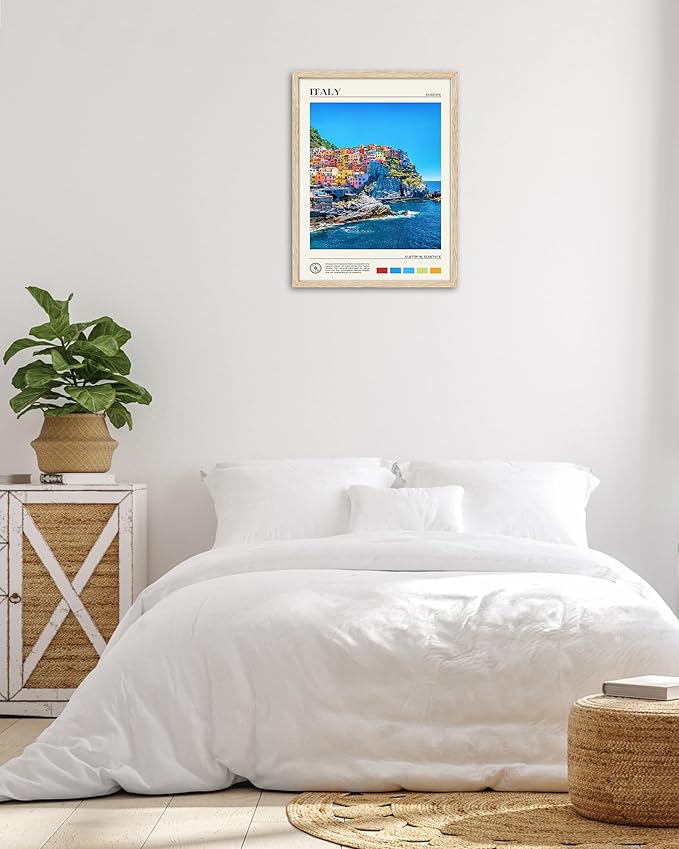 HesenDot Natural OAK Wood Framed Cinque Terre National Park Wall Art,12x16in Italian Natural Seascape Canvas Wall Print,Classic Urban Landmark Wall Decor for Living Room, Bedroom,Office Set of 1-Ruum Studio Home