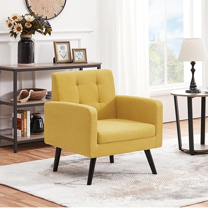 Yaheetech Mid-Century Accent Chairs, Modern Upholstered Living Room Chair, Cozy Armchair Button Tufted Back and Wood Legs for Bedroom/Office/Cafe, Set of 2, Yellow-Ruum Studio Home
