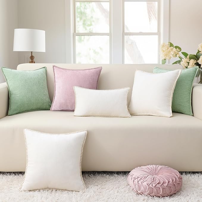 decorUhome Chenille Soft Throw Pillow Covers 16x16 Set of 2, Farmhouse Velvet Neutral Decorative Euro Pillow Covers with Stitched Edge for Couch Sofa Bed Home Decor, Cream White-Ruum Studio Home