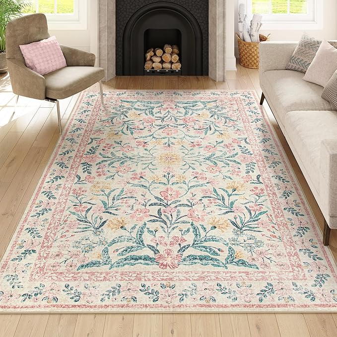 Wonnitar Washable Area Rug 6x9, Pink Floral Rugs for Bedroom Girls Soft Living Room Carpet Ultra-Thin, Boho Non Slip Non-Shedding Pastel Nursery Carpet for Kids Room Playroom Dorm-Ruum Studio Home