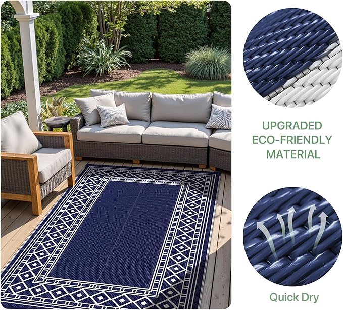 GENIMO Outdoor Rug Waterproof for Patio Decor, 9'x12' Foldable Reversible Plastic Straw Carpet for Travel Trailers, Outside Area Mat for Rv, Deck, Picnic, Porch, Camper, Balcony, Beach, Blue & White-Ruum Studio Home
