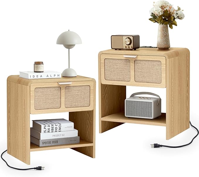 LEVNARY Nightstand with Charging Station, Mid-Century Modern Bedside Table with Curved Top Corners and Fabric-Like Textured Drawer, Wooden End Table for Farmhouse Bedroom Living Room (1, Natural)-Ruum Studio Home