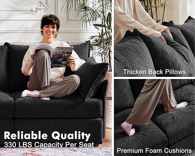 Oversized Accent Chair, Upholstered Modern Sofa Chair with Removable Backrest & Detachable Cover, 24.5" Deep Seat Large Reading Armchair for Living Room Bedroom Office - Chenille Black Set of 1-Ruum Studio Home