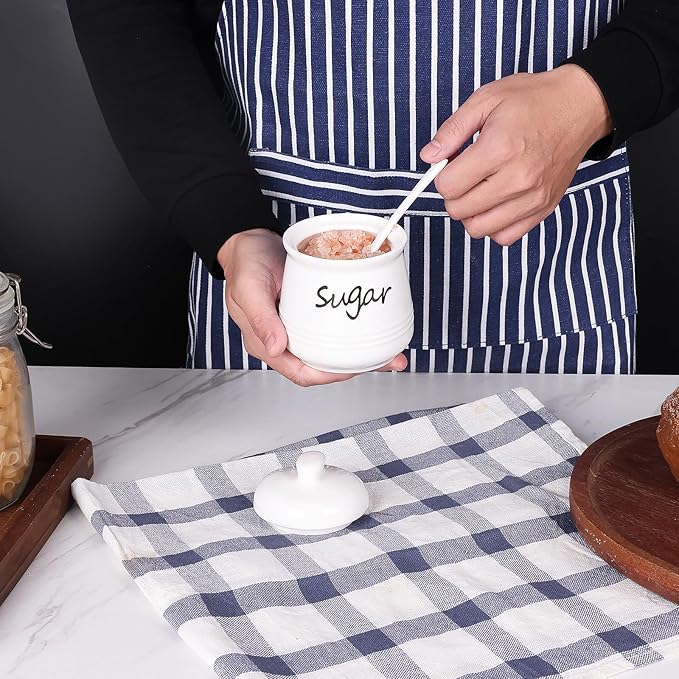 HAOTOP 12oz Sugar Bowl with Lid and Spoon,Ceramic Sugar Jar Sugar Dispenser Sugar Container Coffee Bar Accessories, Kitchen Countertop Canisters, White-Ruum Studio Home