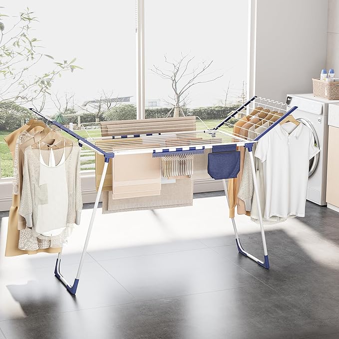 APEXCHASER Clothes Drying Rack Foldable, Drying Rack Clothing Large Space, Winged Laundry Rack with Sock Clips for Hanging Towels Clothes Dress Bedding Indoor Outdoor, White-Ruum Studio Home
