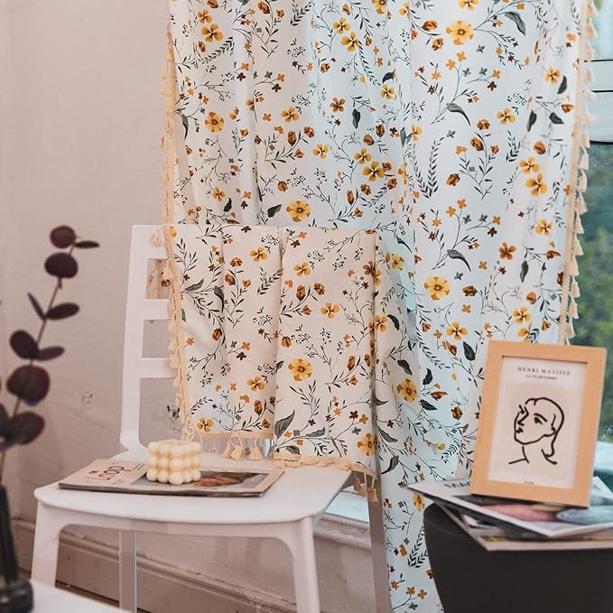 Sutuo Home Boho Curtain Semi-Blackout Yellow Florals Print Cotton Linen Fabric, Handmade Tassels Rod Pocket Bohemian Farmhouse Country Window Drapes for Living Bedroom, 59" W x 84" L, 1 Panel-Ruum Studio Home