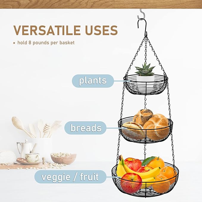 CAXXA 3-Tier Hanging Basket Fruit Organizer Kitchen Heavy Duty Wire Organizer with 2 Free Bonus Metal Ceiling Hooks, Black-Ruum Studio Home