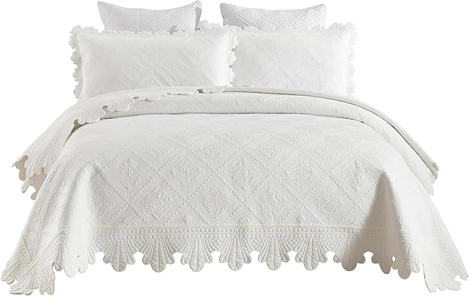 MarCielo 3-Piece 100% Cotton Oversized Bedspread Lightweight Quilt Coverlet Embroidery Farmhouse Bedding Set (TK White, Oversized Queen (100"x106"))-Ruum Studio Home
