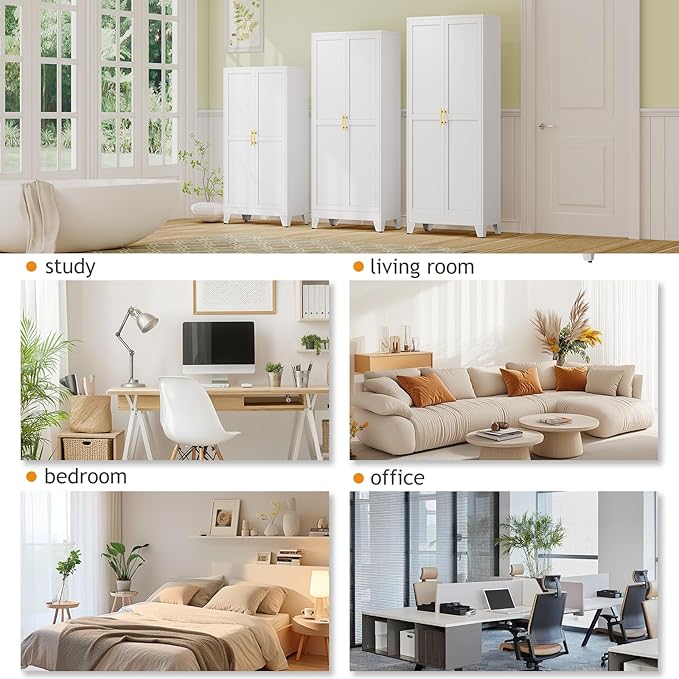 71" Tall Metal Pantry Storage Cabinet with Doors and 4 Adjustable Shelves, White Kitchen Food Pantry Cabinets, Tall Freestanding Cupboard for Kitchen, Dining Room or Living Room-Ruum Studio Home