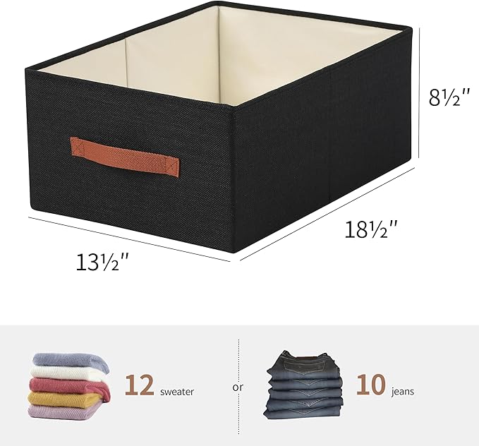 linen closet organizers and storage, 3 Pack Large Storage Baskets, Washable, Clothing Storage Bins with Handle, Closet Organizer for Storage Sweater,Sheets (Black, 18½"x13½"x8½")-Ruum Studio Home