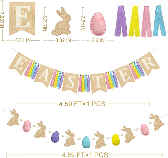 Easter Party Decorations Burlap Rabbit Bunny 3D Felt Egg with Wood Beads Garland Felt Easter Sign Burlap Pennant Banner Flag with Pastel Ribbon for Easter Spring Birthday Baby Shower Party Supplies-Ruum Studio Home