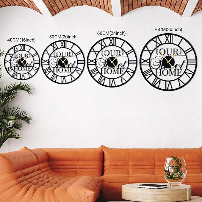 LBC.JzJu24inches/60cm Large Wall Clocks Battery Powered No Ticking Silent Round Black Modern Unique Metal Wall Clocks Suitable Living Room Kitchen Bedroom Fireplace Office Farmhouse。-Ruum Studio Home