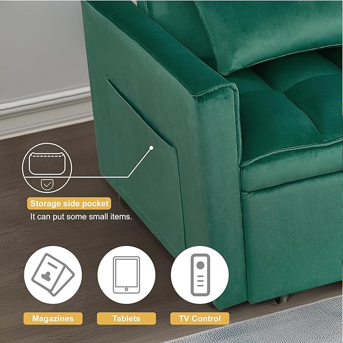 3 in 1 Sleeper Sofa Bed, Futon Sofa Bed for Living Room with Side Pocket, Green Sleepers Sofas Couch with Pullout Beds, Convertible Love Seat Sleepers Couch for Living Room, Bedroom-Ruum Studio Home