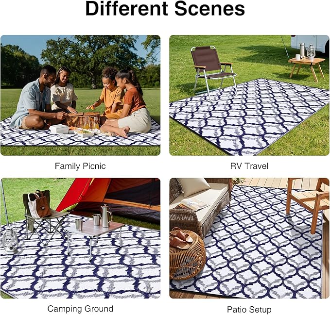 OLANLY Reversible Outdoor Rug 9x12 ft Clearance, Waterproof Outdoor Plastic Straw Rug with Interlacing Pattern, RV Mat for Patio, Camping, Balcony, Deck, Backyard, Navy & White-Ruum Studio Home