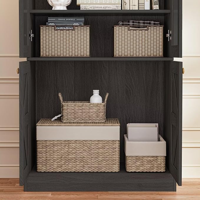 Vyre 71" Tall Farmhouse Bookshelves with Glass Doors and Drawers, Set of 2 – Large Modular Bookcase with Adjustable Shelves, Storage Cabinet for Living Room, Kitchen, Black-Ruum Studio Home