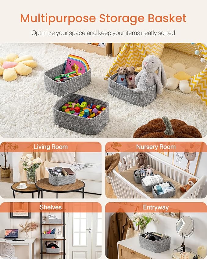 KALLAX Small Woven Basket, 12 x 8 x 4.5 Inches, Storage Basket for Organizing, Cute Small Rope Shelf Closet Cube Storage Bins Baskets for Shelves, Dog Toy Gift Baskets Empty, 3 Packs, Mixed Grey-Ruum Studio Home