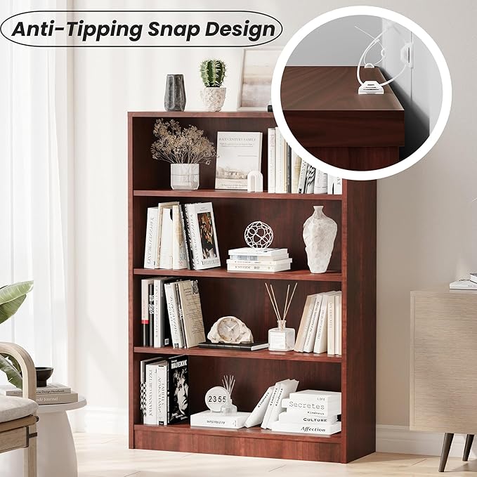 Bookshelf, Open Modern Bookshelf, 4 Shelf Bookcase with Freestanding Display Storage, Wooden Book Shelf for Bedroom, Living Room, Dinning Room, Office, 48 Inch, Brown-Ruum Studio Home