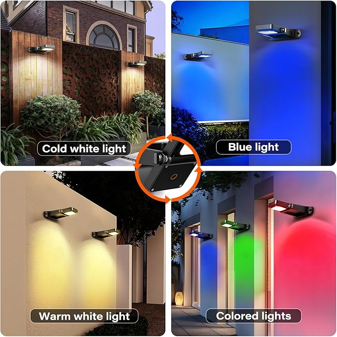 200LM Solar Wall Lights Outdoor 6 Colors, 2200mAh Long Lasting Solar Powered Deck Lights, 360° Adjustable Porch Light IP65 Waterproof, Glass Panel Fence Light for Gutter, Step, 2 Pack-Ruum Studio Home