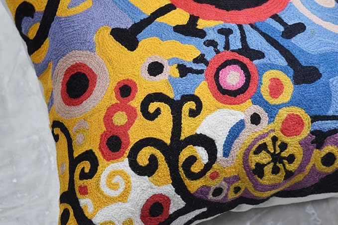 Kashmir Designs Yellow Tree of Life Decorative Pillow Cover Modern Couch Pillowcase Floral Chair Cushion Farmhouse Pillowsham Hand Embroidered Wool 18x18-Ruum Studio Home