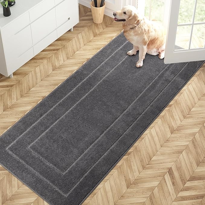 PURRUGS Dirt Trapping Door Mat 32" x 70", Non-Slip/Skid Machine Washable Entryway Rug, Dog Doormat, Super Absorbent Welcome Mat for Muddy Wet Shoes and Paws, Grey-Ruum Studio Home