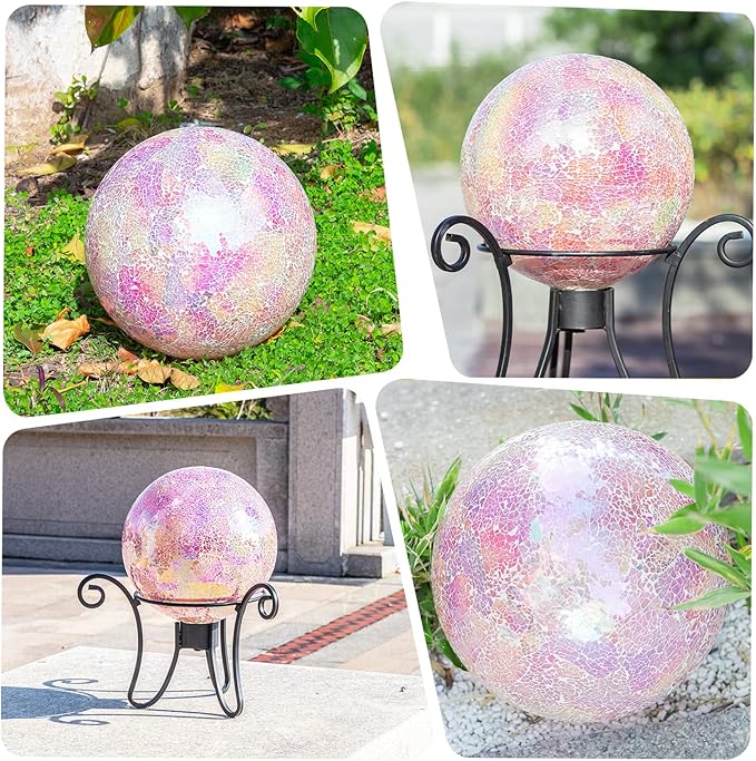 VCUTEKA Gazing Ball, Iridescent Crackled Glass Mosaic Gazing Balls Sphere for Garden Lawn Outdoor Ornament Yard Decorative, 10-Inch, Pink-Ruum Studio Home