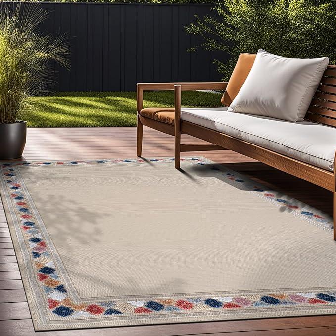 Beverly Rug Outdoor Rug 5x7 Modern Bordered Area Rugs for Indoor and Outdoor Patio Easy to Clean Non Shedding Living Room Porch Garden Washable Outside Carpet (5 x 7 Beige)-Ruum Studio Home