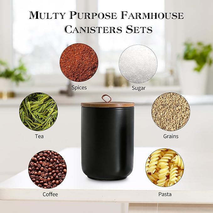 Black Ceramic Canister Set with Wooden Lid, 3-Piece Food Storage Jars for Kitchen Counter, Storage Container for Coffee, Tea, Spice, Sugar, Grains, Salt-Ruum Studio Home