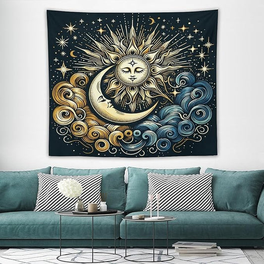 HZOHNAGO Sun Moon Tapestry Boho Golden Stars Pattern Printed Wall Tapestry Wall Hanging for Bedroom Living Room Dorm 60" W x 50" H-Ruum Studio Home