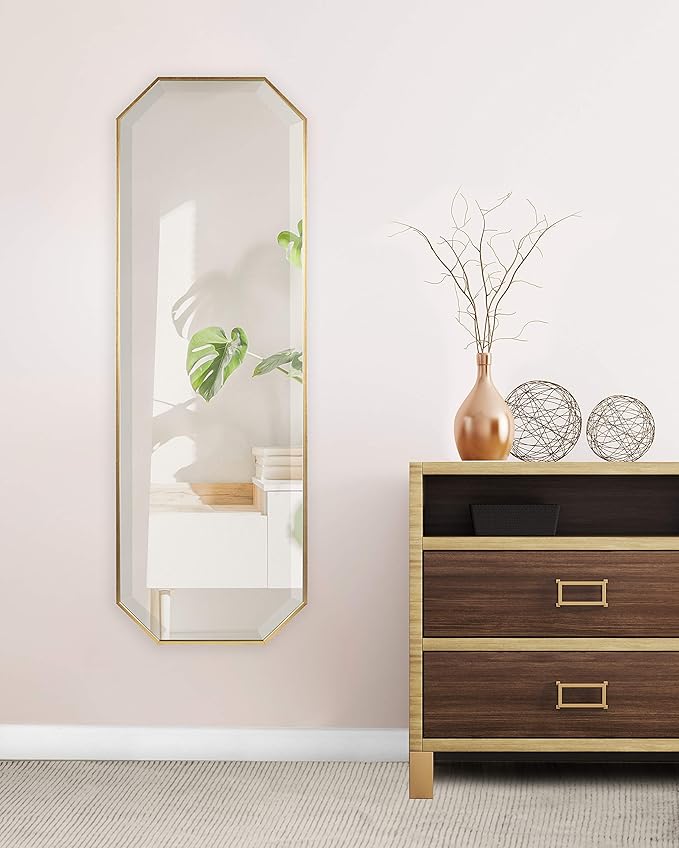 Kate and Laurel Rhodes Modern Full Length Framed Octagon Wall Mirror, 16 x 48, Gold, Decorative Glam Geometric Wall Accent-Ruum Studio Home