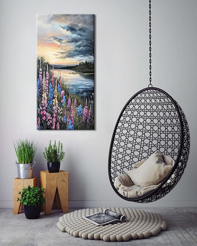 LASMOND Beautiful Colorful Grassland by Riverbank Landscape Wall Art Decor Artwork for Bedroom (24x48 Inches)-Ruum Studio Home