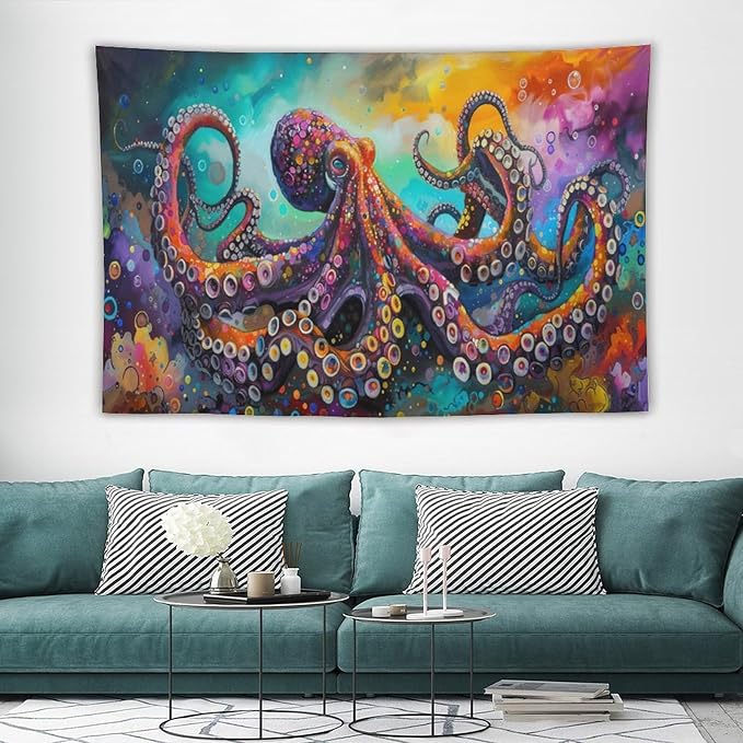 Octopus Tapestry Octopus Tapestries Ocean Navy Coastal Fabric Wall Hanging Aesthetic Space Indoor Outdoor Wall Art Tablecloth Bedspread for Bedroom Dormitory Living Room Home Decor 40"x60"-Ruum Studio Home