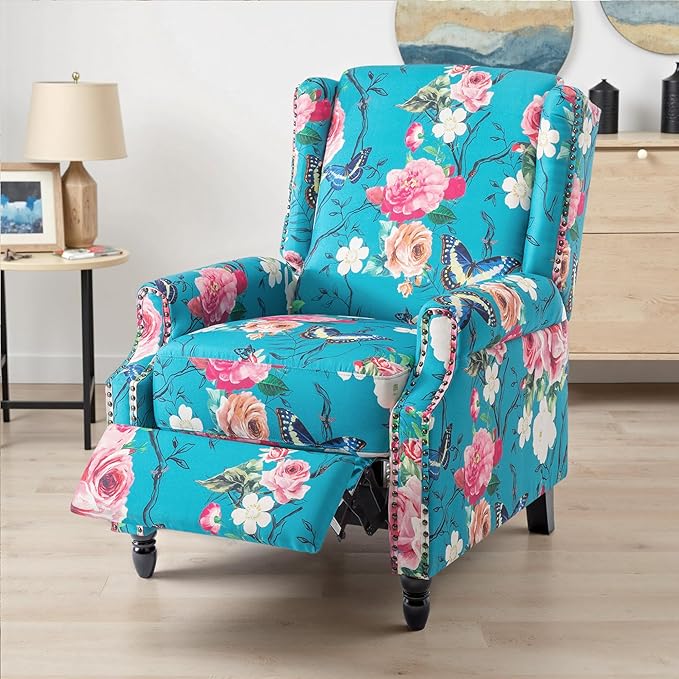 UIXE Floral Pushback Recliner Chair, Fabric Upholstered Armchair Push Back Accent Chair for Living Room, Rivet Trim Club Chair Home Theater Single Sofa Reading Seat - Peacock Blue-Ruum Studio Home