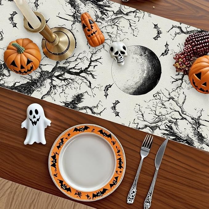 GPGHE Halloween Table Runner Black Ghost Holiday Burlap Table Decoration Indoor Outdoor Home Decor Party Supply 13 x 120 Inch-Ruum Studio Home