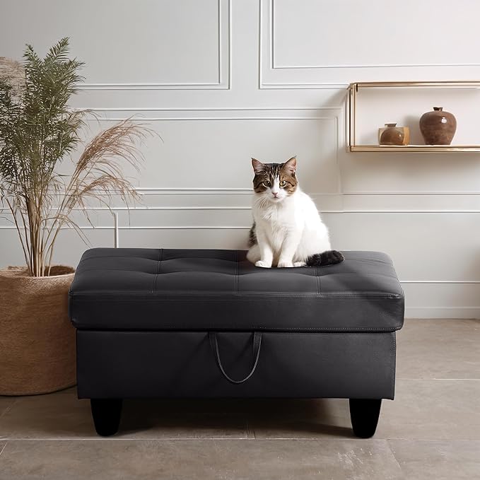 Ottoman Rectangular Storage Ottoman Bench, Faux Leather Footrest, Coffee Table, Stool Footstool with Hinged Lid for Living Room, Bedroom, Entryway, Black, 35"x23.5"x17.5"-Ruum Studio Home
