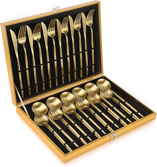 Matte Gold Silverware Set, OGORI 30-Piece Food Grade Stainless Steel Gold Flatware Set, Kitchen Utensil Set Service for 6, Tableware Cutlery Set for Home and Restaurant, Dishwasher Safe - Gift Box-Ruum Studio Home