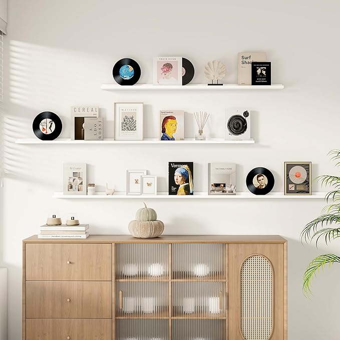 Floating Picture Ledge Shelves for Wall Set of 2, 95 Inches Picture Ledge Shelf with Long Large Nursery Book Shelf for Toys Storage Kids Bookshelf Wall Mounted Living Room Bedroom Decor Frames, White-Ruum Studio Home