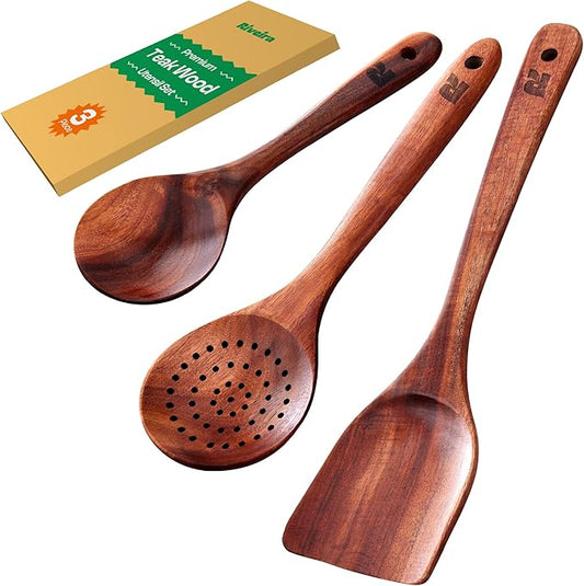 Riveira Set of 3 Dark Teak Spoons for Cooking - Wooden Kitchen Utensil Set - Non-Toxic Cooking Utensils - Wooden Spatula for Cooking - Teak Wood Utensils for Non-Stick Cookware-Ruum Studio Home