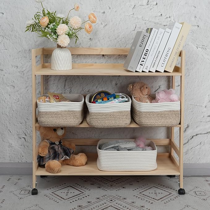 Small Woven Storage Baskets 13“X9”X5“ Decorative Rope Bins for Organizing Shelves, Closets, and Toys, Empty Gift Baskets, Cute Organizer Basket for Home and Office (white and brown, Large)-Ruum Studio Home