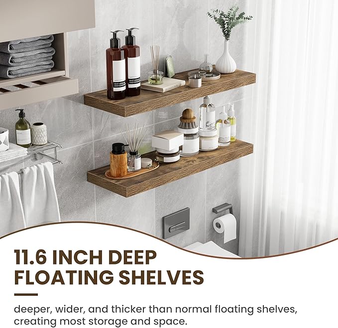 36 Inch Floating Shelves, 12 Inch Deep Floating Shelves for Wall, Floating Shelf with Invisible Brackets, Deep Shelves for Bathroom, Bedroom, Living Room, 2 Pack, Brown-Ruum Studio Home