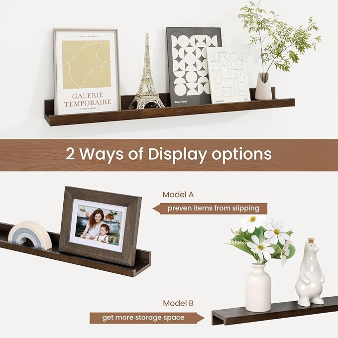 Picture Ledge Shelf, Solid Pine Wood Floating Shelves Set of 2, 24 Inches Nursery Book Shelves for Toys Storage, Kids Bookshelf Wall Mounted for Living Room Bedroom Decor Books Photo Frames, Walnut-Ruum Studio Home
