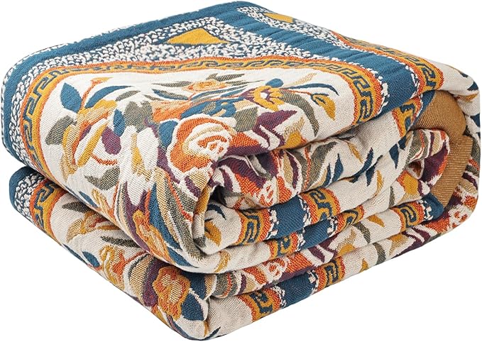Boho Throw Blanket for Bed - 100% Pure Cotton Ultra Soft Rustic Quilt - Farmhouse Decor Bed Blankets, All Season Rustic Throw for Sofa Couch Chair(60"×80", Floral)-Ruum Studio Home