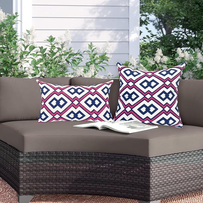 Alysheer Embroidered Lumbar Decorative Throw Pillow Cover 12"x 20", Classic Boho Geometric Embroidery Pattern Cotton Rectangular Cushion Case for Sofa Couch Living Room Bedroom(Blue Pink)-Ruum Studio Home