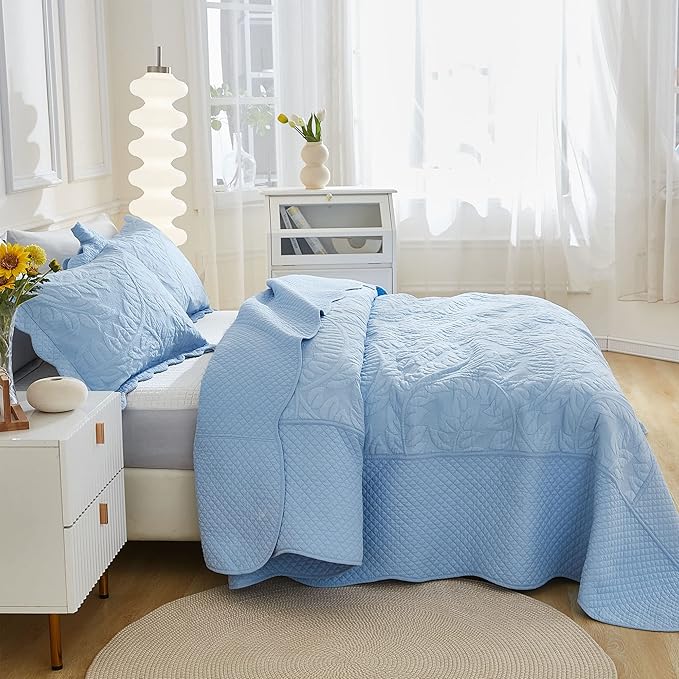 MarCielo 3-Piece 100% Cotton Oversized Bedspread Lightweight Quilt Coverlet Embroidery Farmhouse Bedding Set T0 (Light Blue, Twin (68"x86"))-Ruum Studio Home