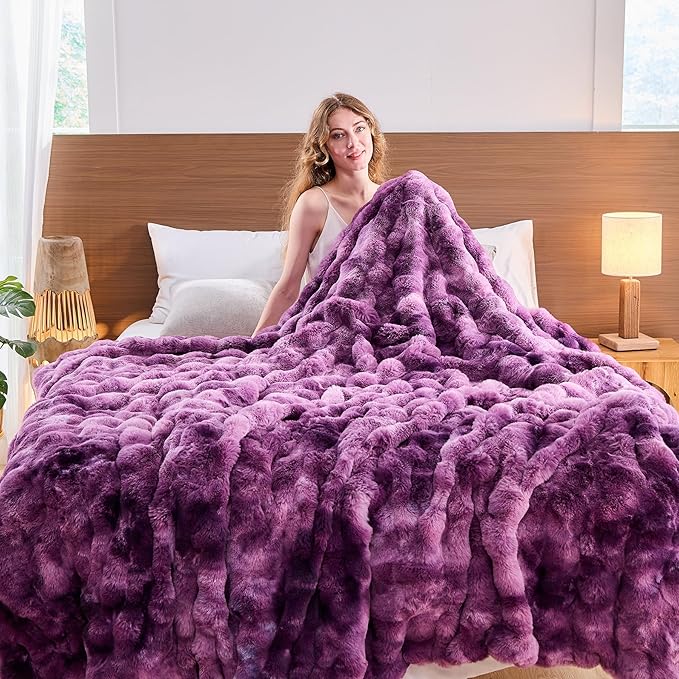 Lotus Karen Faux Fur Throw Blanket Tie-dye Violet - Big Bubble Rabbit Fluff Blanket for Couch Bed Sofa,Softest Fluffy Fuzzy Cozy Blanket,Thick Furry Plush Shaggy Warm Blankets for Women,50x60 Inches-Ruum Studio Home