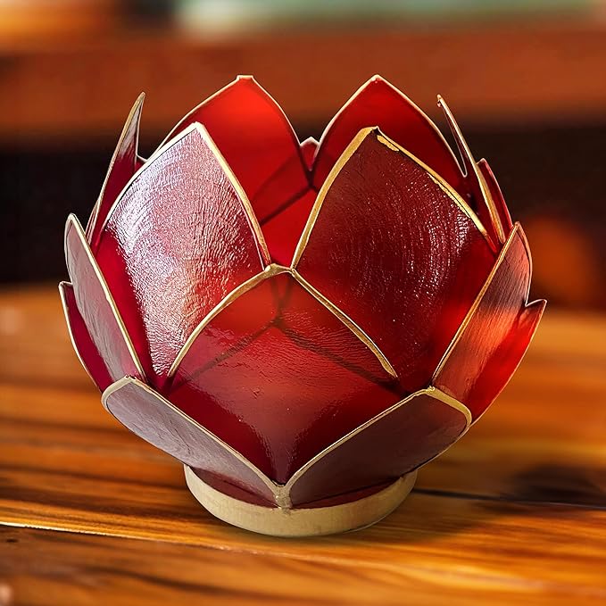 Blooming Lotus Capiz Shell Tealight Candle Holder, Handcrafted Decorative Tea Light Candleholder with Translucent Flower Petals for Ambient Illumination and Natural Elegance, Red-Ruum Studio Home