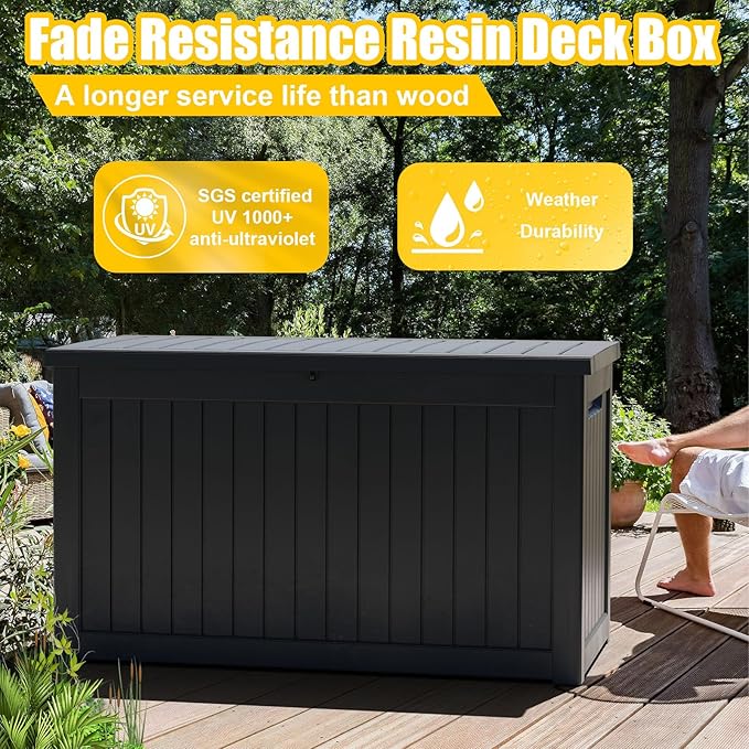 DRATO 230 Gallon Deck Box, Outdoor Large Waterproof Resin Storage Box with Lockable Lid for Patio Cushions, Gardening Tools, Sports Equipment, Black-Ruum Studio Home