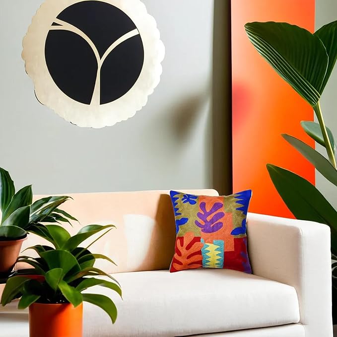 Matisse Decorative Pillow Cover Cutouts Hand Embroidered Abstract Toss Pillows Farmhouse Chair Cushion Contemporary Pillowsham Mid-Century Chair Cushions Wool Size 18x18-Ruum Studio Home